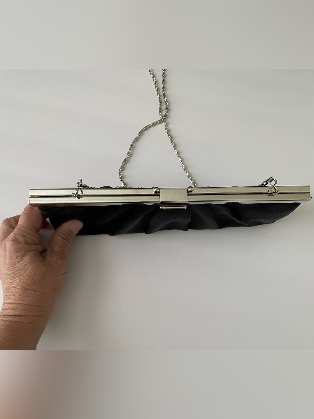 Jessica McClintock Black Satin frame Clutch with Chain - Picture 5 of 7